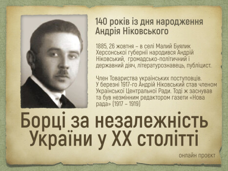 Онлайн проєкт "Борці за незалежність України у ХХ столітті": 140 років із дня народження Андрія Ніковського